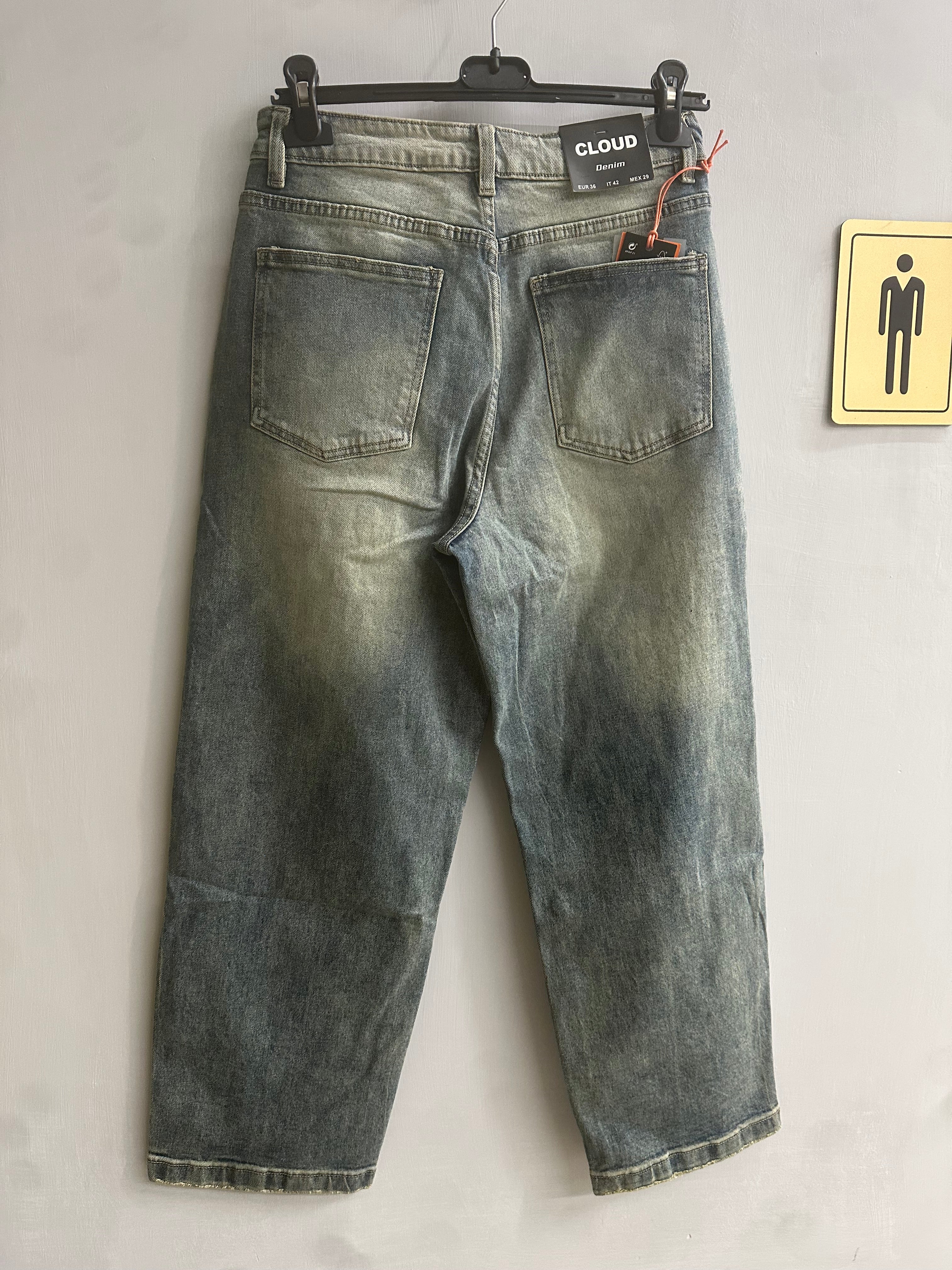 Pantaloni Denim Baggy con Cuciture Ginocchia e Effetto Invecchiato